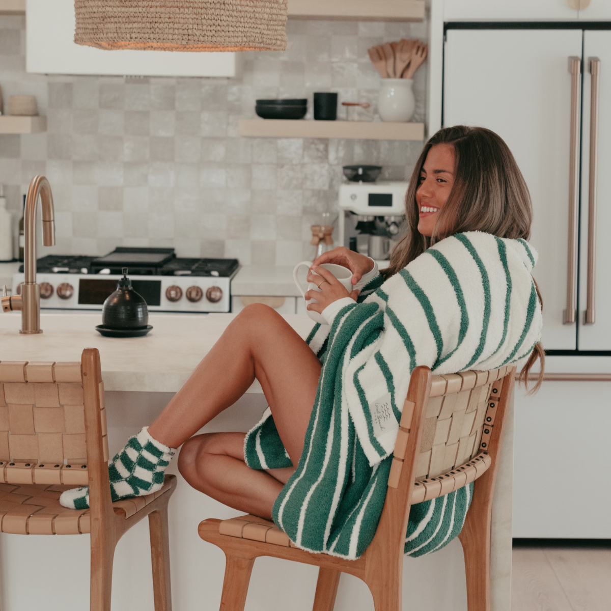 Local Beach Holiday Stripe Cozy Luxe Home Blanket - Green & Creme