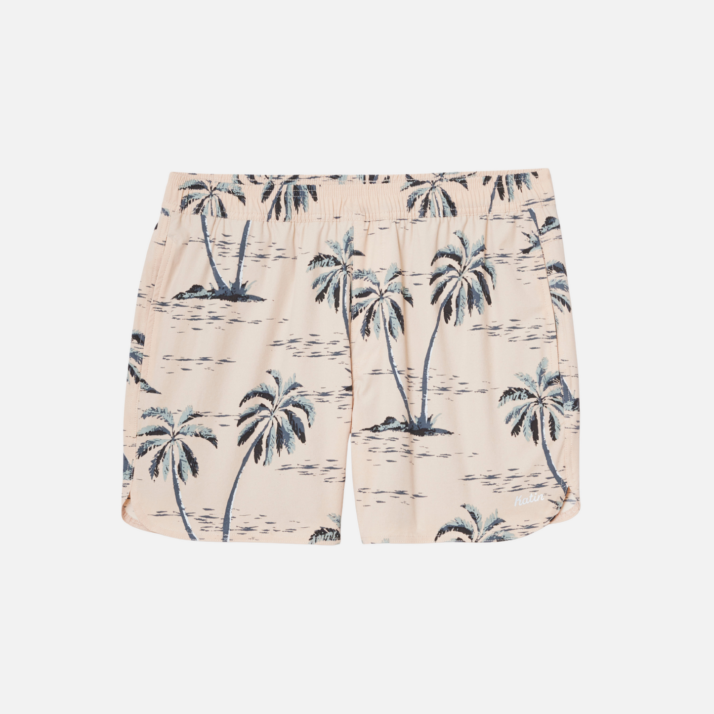 Beige shorts with palm tree pattern on a white background