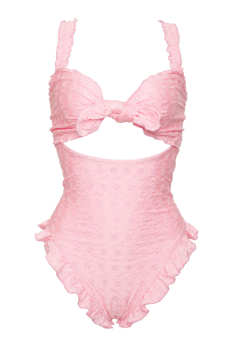 Frankies Bikinis Lucia Eyelet Shine One Piece Swimsuit - Cherry Blossom