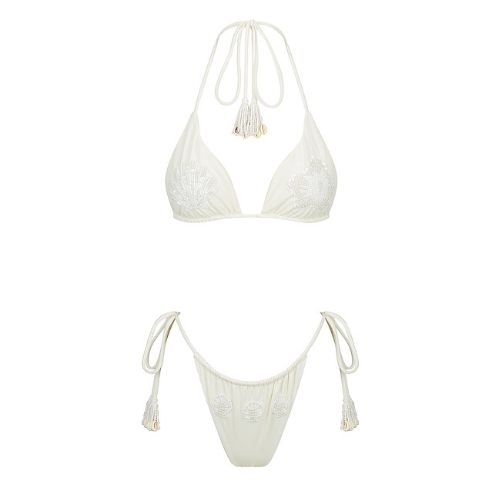 Cleonie Beaded Triangle Bikini Top - Pearl