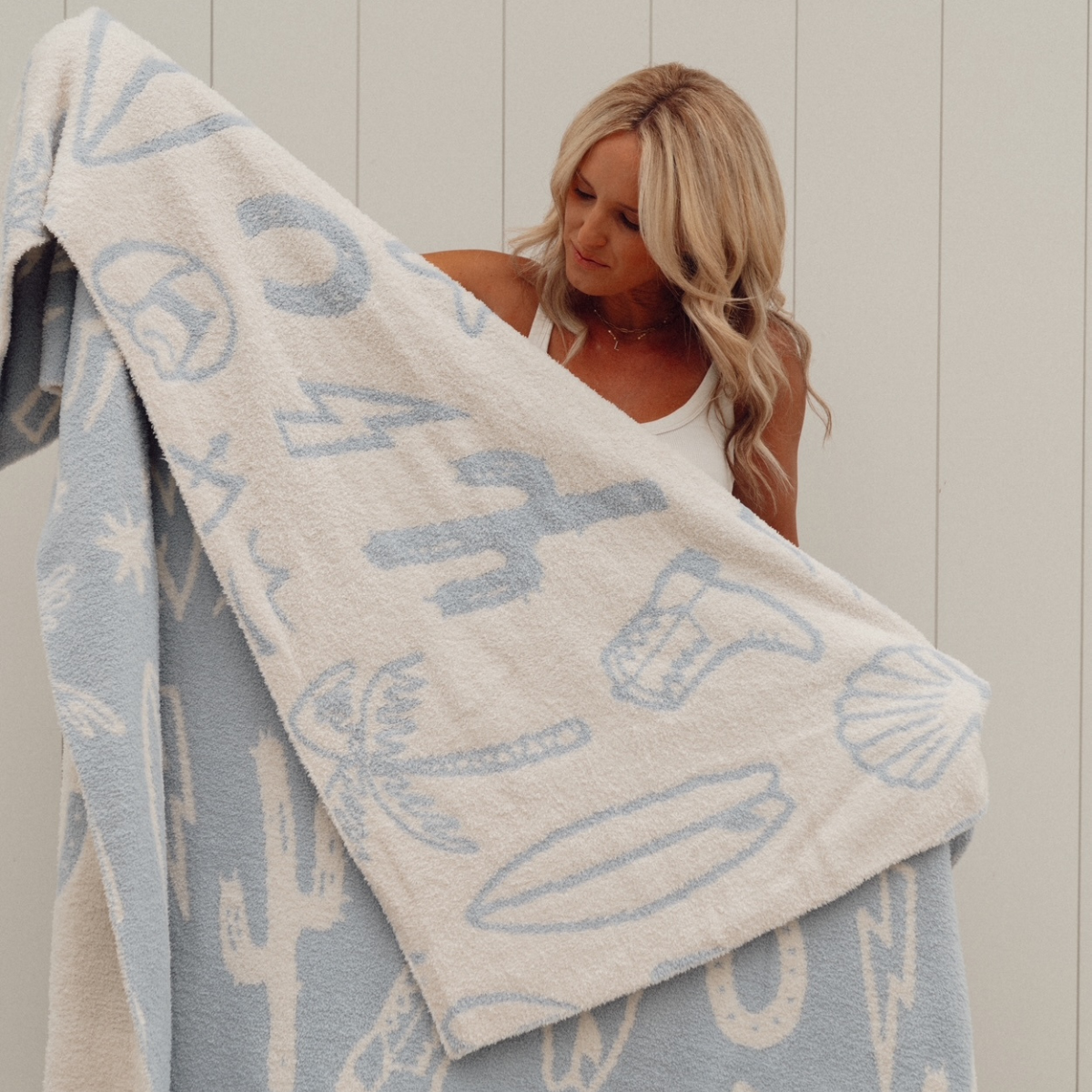 Local Beach Coastal Cowgirl Luxe Home Blanket - Blue Fog & Cream