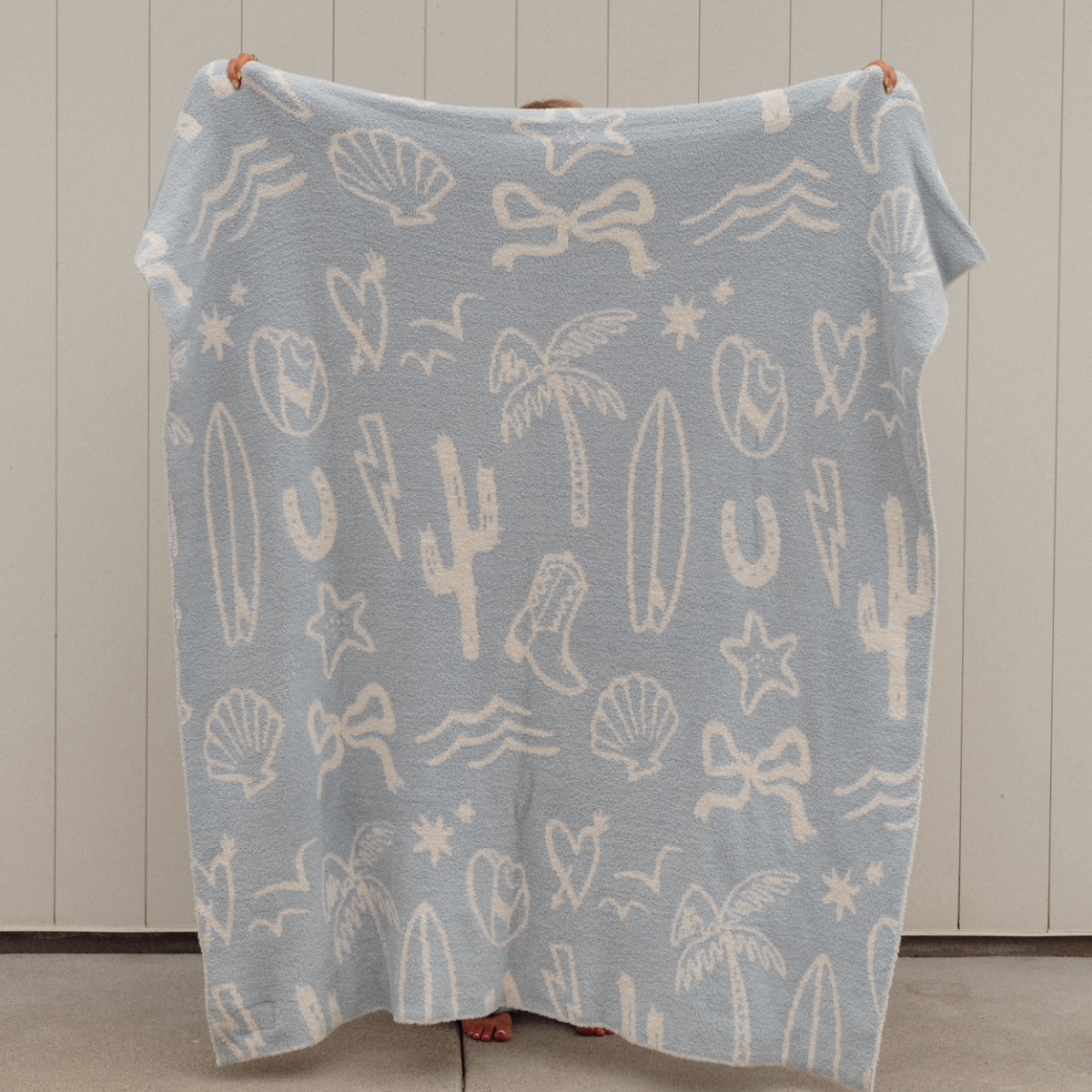 Local Beach Coastal Cowgirl Luxe Home Blanket - Blue Fog & Cream