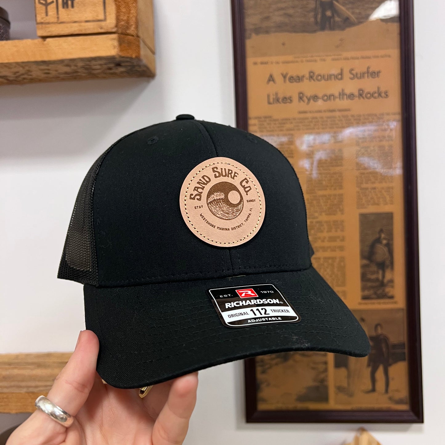 Sand Surf Co. Richardson Yin Yang Leather Patch Trucker Hat - Black