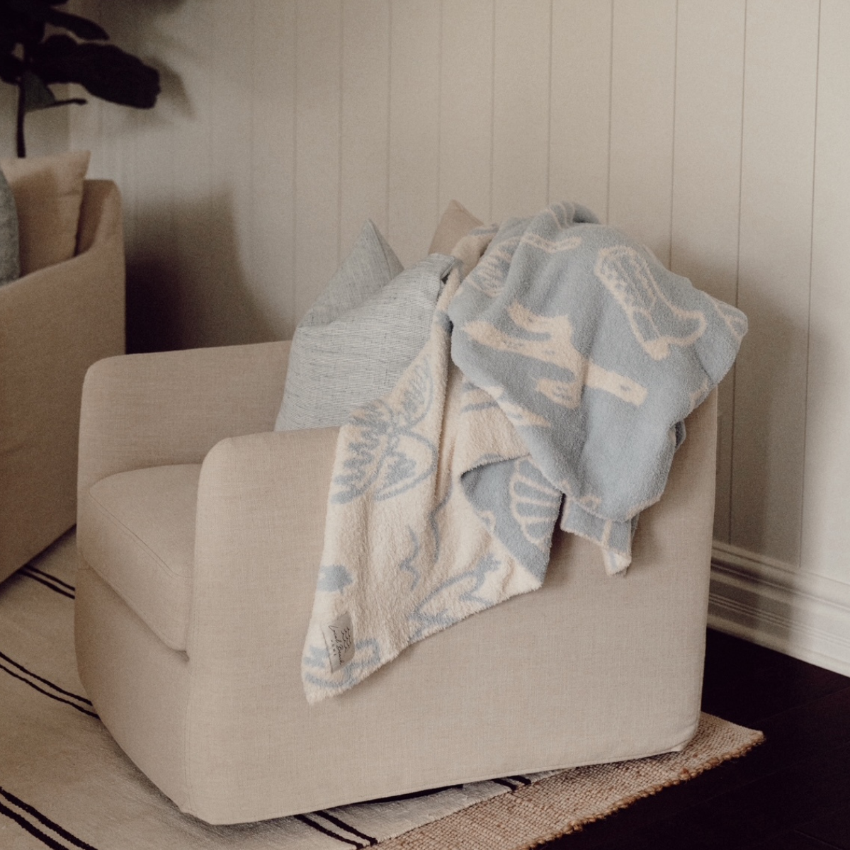 Local Beach Coastal Cowgirl Luxe Home Blanket - Blue Fog & Cream