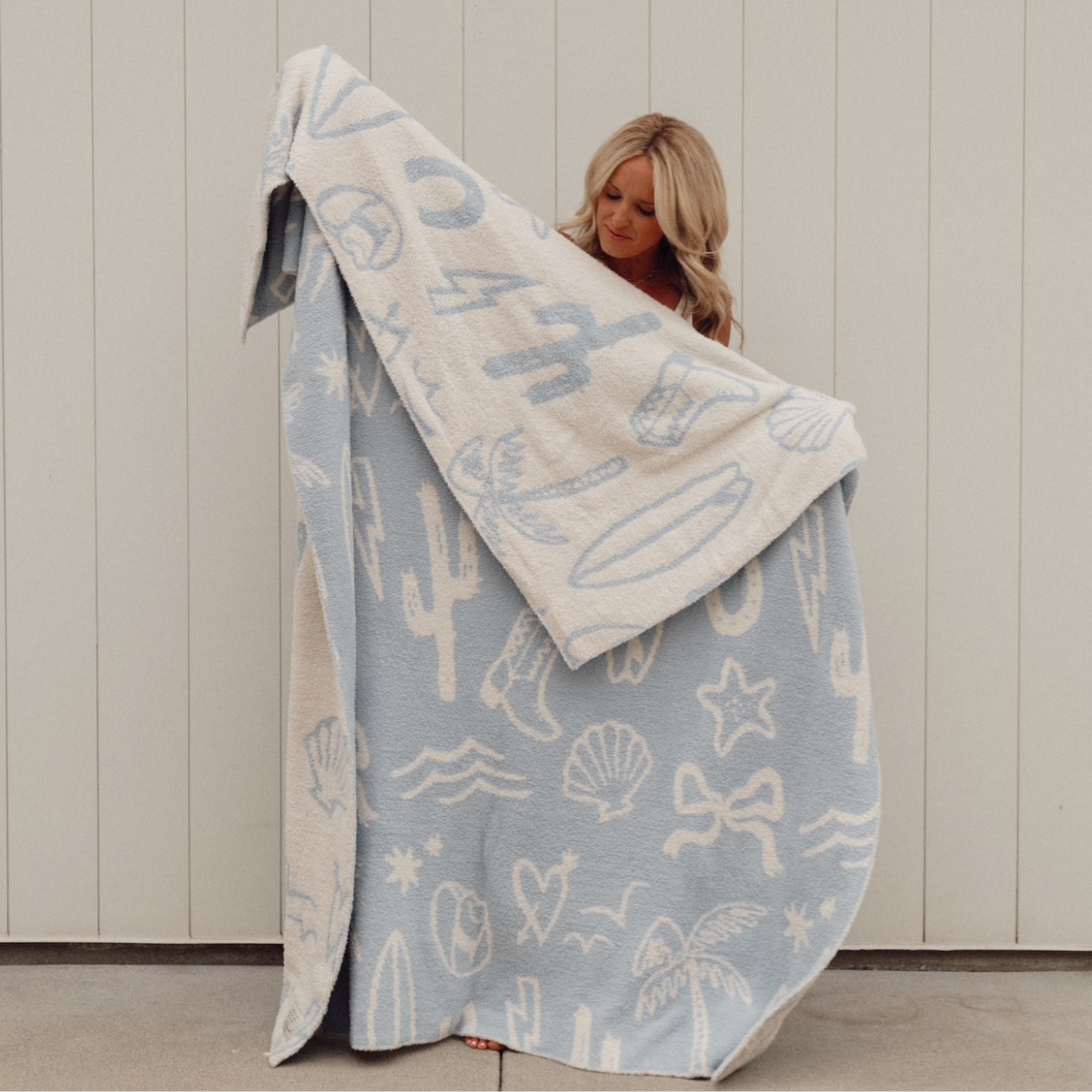 Local Beach Coastal Cowgirl Luxe Home Blanket - Blue Fog & Cream