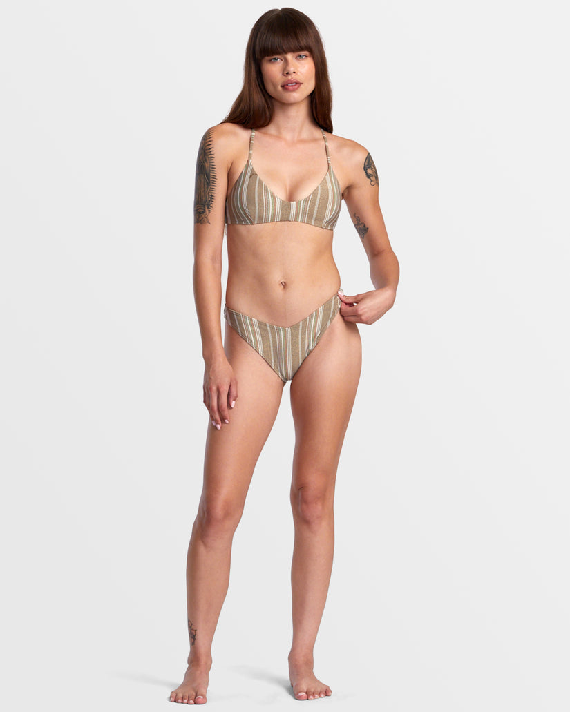 RVCA Pins Lurex V-Front French Bikini Bottoms - Dark Khaki