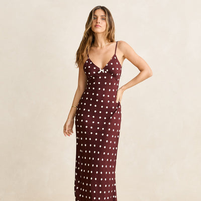 Rhythm Polka Dot Bias Midi Dress - Cafe