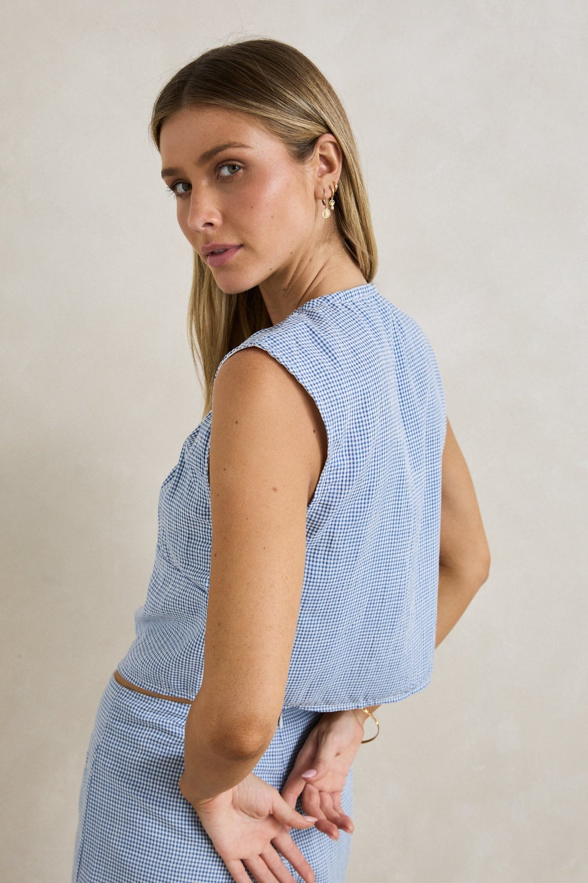 Rhythm Del Rio Gathered Top - Blue Check by Rhythm - Blue