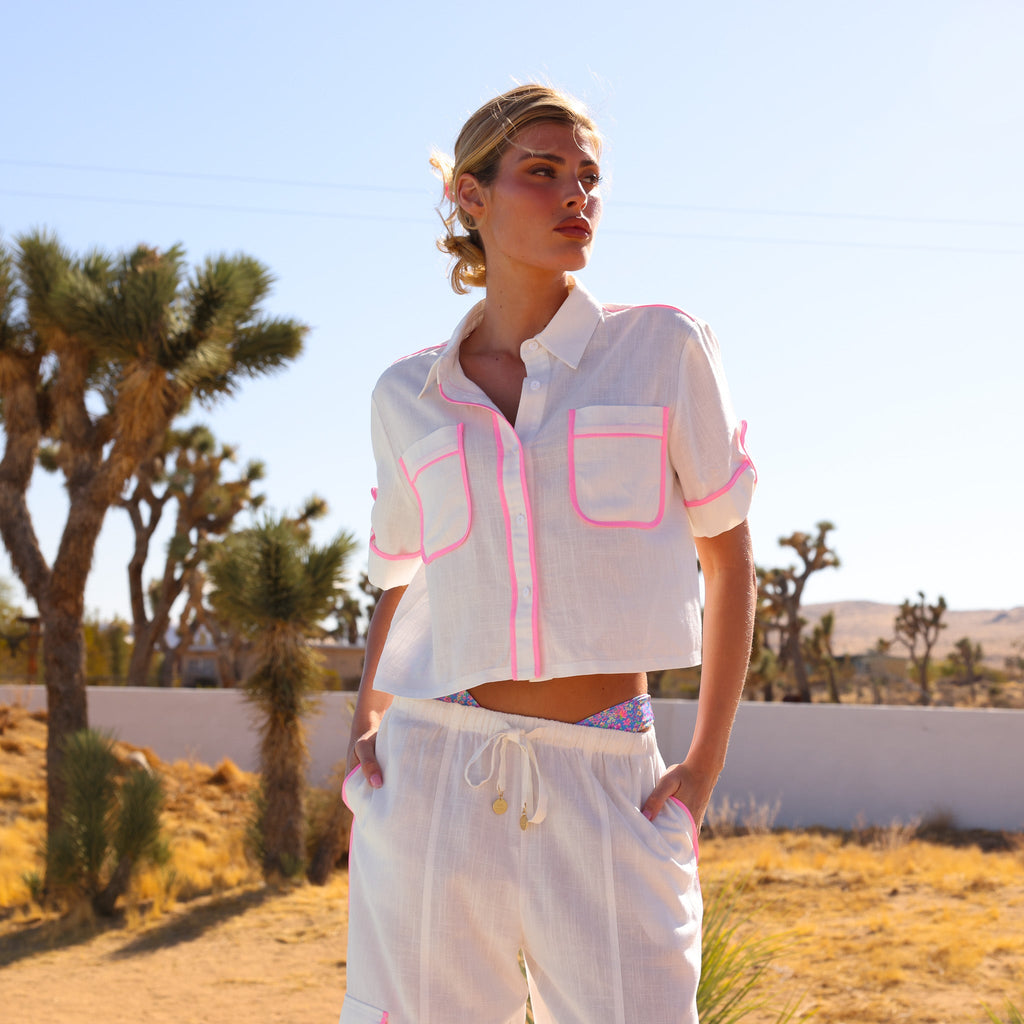 Kulani Kinis Cropped Button Up Shirt - White (Bubblegum Galaxy Collection)