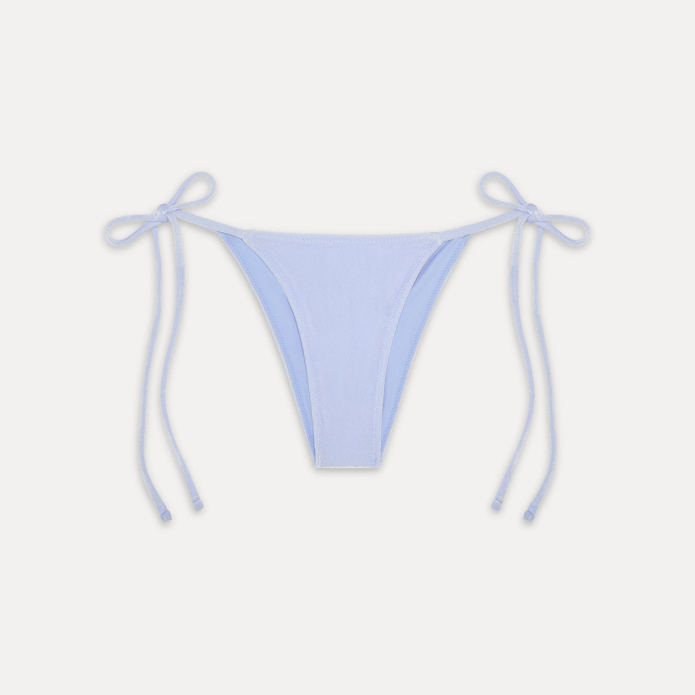 Light blue bikini bottom with string ties on a white background