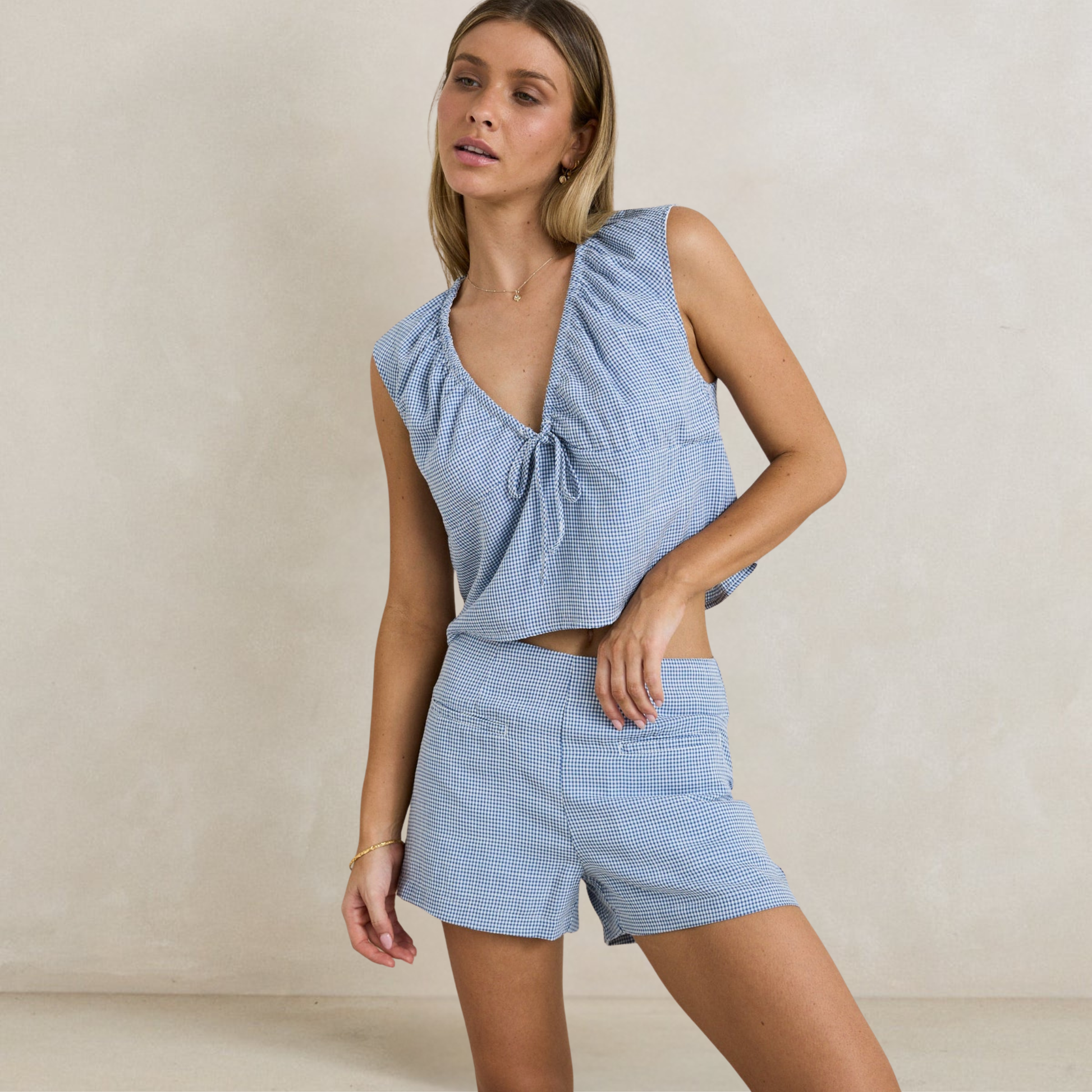 Rhythm Del Rio Gathered Top - Blue Check by Rhythm