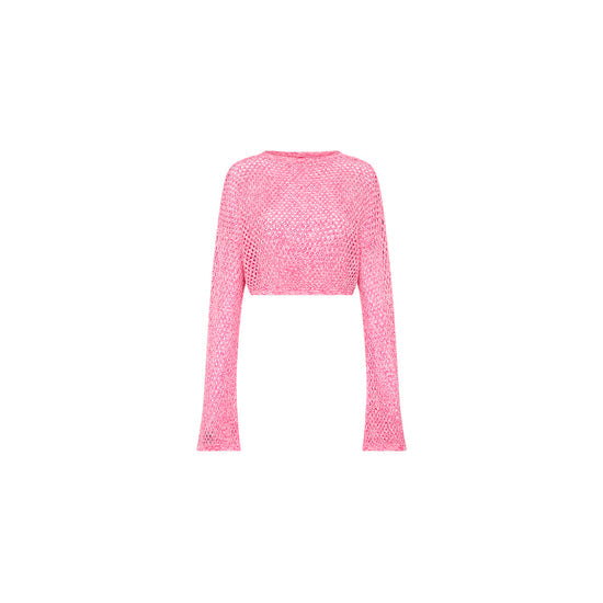 Kulani Kinis Crochet Long Sleeve Crop Top - Rose Pink
